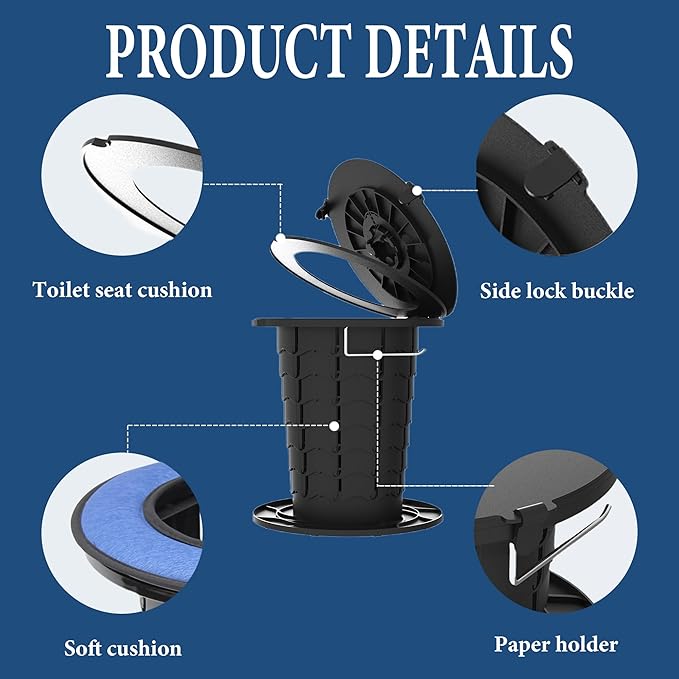 Upgraded Retractable Portable Toilet with Cushion, Adjustable Height Camping Toilets with Lid for Adults and Kids, Compact Portable Potty for Camping, Car, Travel, Boat, Tent and Emergency Use
