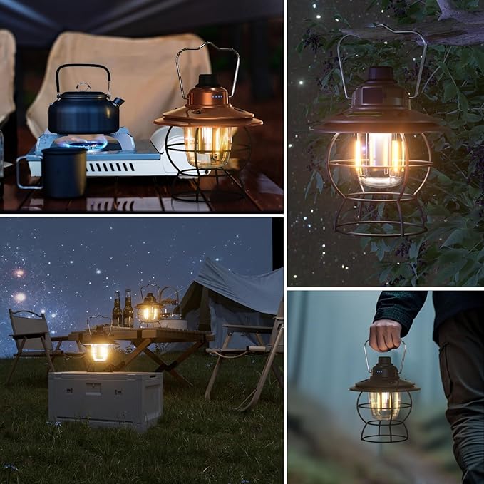 LED Camping Lantern Rechargeable Dimmable, Portable Vintage Outdoor Lantern 2700-6500K Waterproof, Hanging Retro Lamp Indoor Outdoor for Garden, Hiking, Emergency, Copper