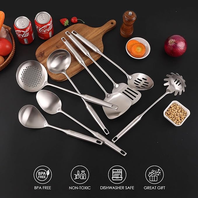 18/10 Stainless Steel Kitchen Utensils Set - 15” All Metal Cooking Tools & Serving Utensils, 8 PCS - Solid Spoon, Slotted Spoon, Spatula, Ladle, Skimmer, Tunner, Spaghetti Spoon, Large Spoon Set
