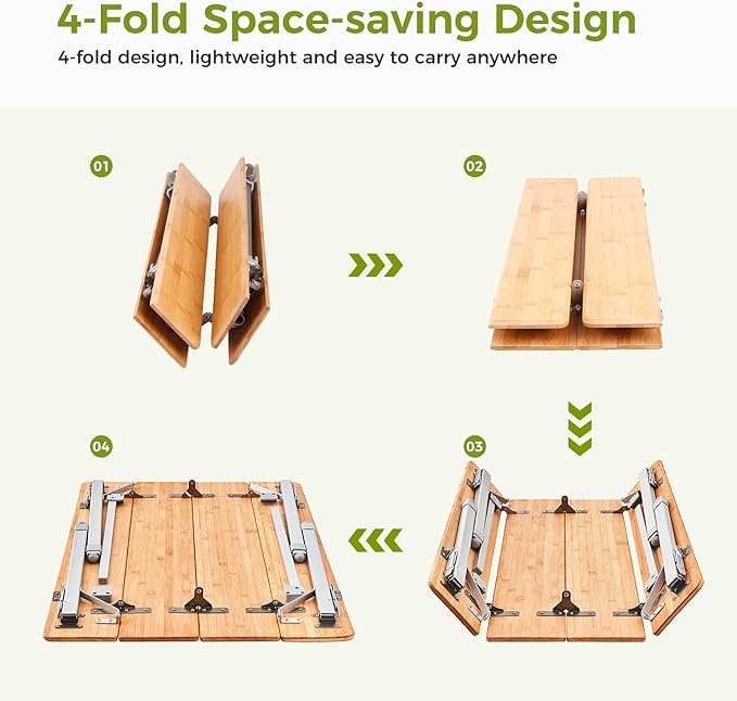 ATEPA Wooden Folding Table, Adjustable Height Folding Tables Environmental Bamboo Camping Table with Aluminum Legs Carry Bag for Travel Picnic Beach Fishing Outdoor Indoor, 2-4 Person