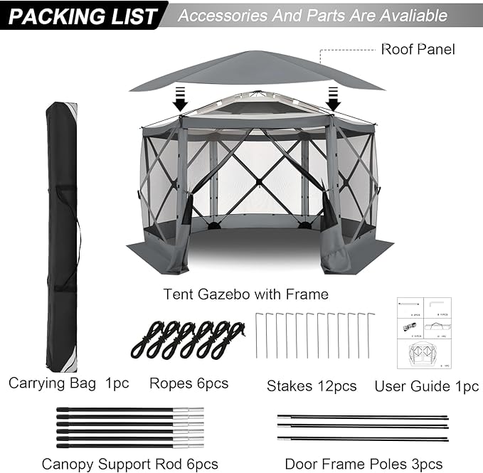 COBlZl Pop Up Gazebo 12x12 Screen House Tent for Camping, Outdoor Instant Stargazing Gazebo Canopy with Awning 2.0, Portable Hub Tent with Mosquito Netting, Pavilion for Backyard,Gray