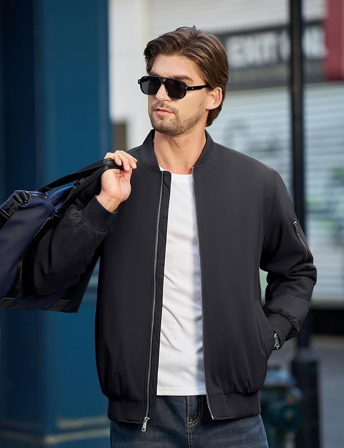 Cotrasen Mens Bomber Jacket Fall Winter Warm Windbreaker Casual Full Zip Padded Coats with Pockets