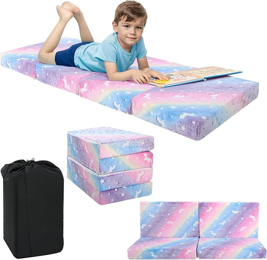 MeMoreCool Foldable Floor Mattress for Kids, Glow Toddler Nap Mat for Sleeping and Daycare, Portable Trifold Futon Mattress Floor Bed, Rainbow Unicorn