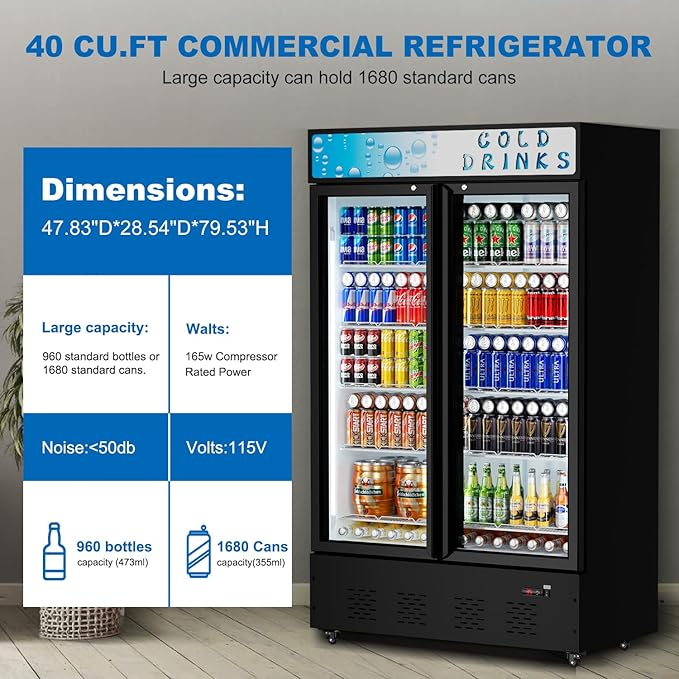 Commercial Glass Door Display Refrigerator 40 Cu.ft Cooler Commercial Display Beverage Refrigerators with LED Light and 10 Shelves for Cafe Restaurant Store Bar