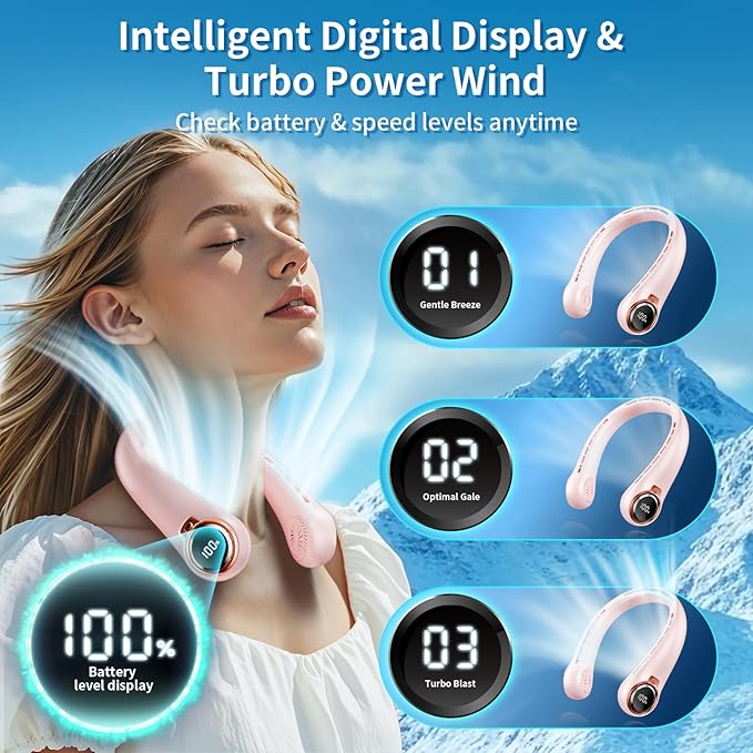 Portable Neck Fan with 6000mAh USB - Rechargeable Battery, 360° Cooling Wearable Fan, 3 Speeds, Ultra-Light Bladeless Neck Fan LED Display (Pink)