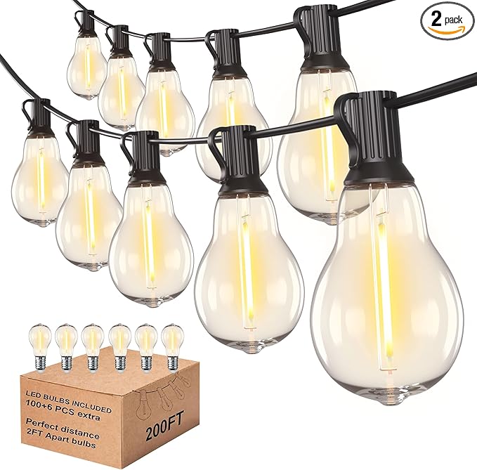 200FT Outdoor Lights with 106 Shatterproof Bulbs(6 Spare), IP45 Waterproof Outside String Lights, Patio String Lights Hanging for Party, Yard, Porch, Bistro, 2200K Adjustable Warm White Light