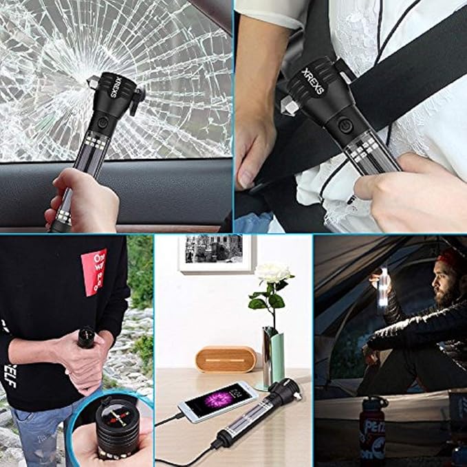 XREXS Solar & USB Rechargeable LED Flashlight (Portable, Strong)- Car Emergency & Roadside Kit | Power Outage Rescue Light | for Hiking, Camping, Outdoor | 2000mAh Battery & 7 Working Modes