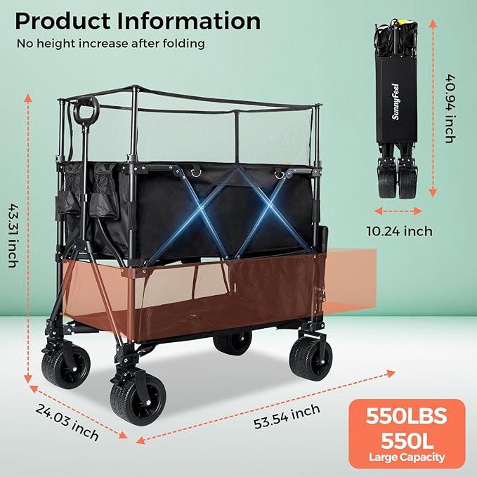 SUNNYFEEL 550L Large Capacity Folding Sports Wagon, 550LBS Heavy Duty Collapsible Cart,Extra High Extender Wagon Cart with Tailgate, All-Terrain Big Wheels for Camping Fishing & Outdoor Use,Black