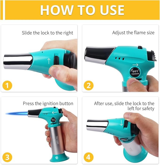 TBTEEK Butane Torch T901, Kitchen Torch Cooking Torch with Safety Lock & Adjustable Flame for Cooking, BBQ, Baking, Brulee, Creme, DIY Soldering(Butane Not Included), Aqua