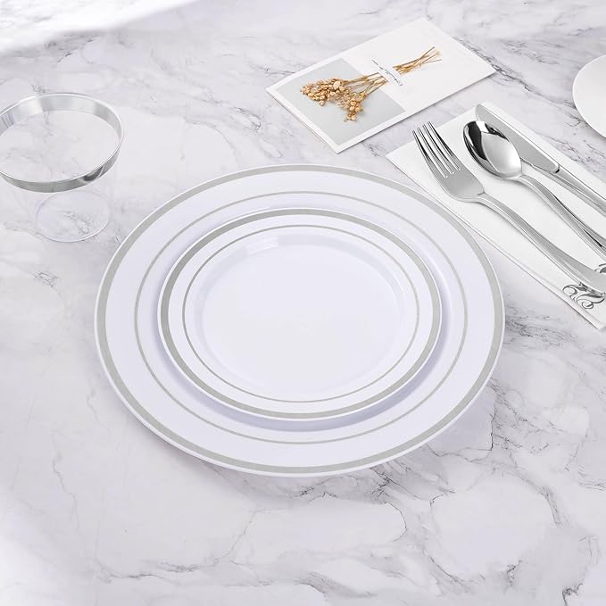 200PCS Silver Plastic Plate, Disposable Party Plates with 100 Dinner Plates and 100 Dessert Plates, Plastic Plates for Party, Wedding and Birthday