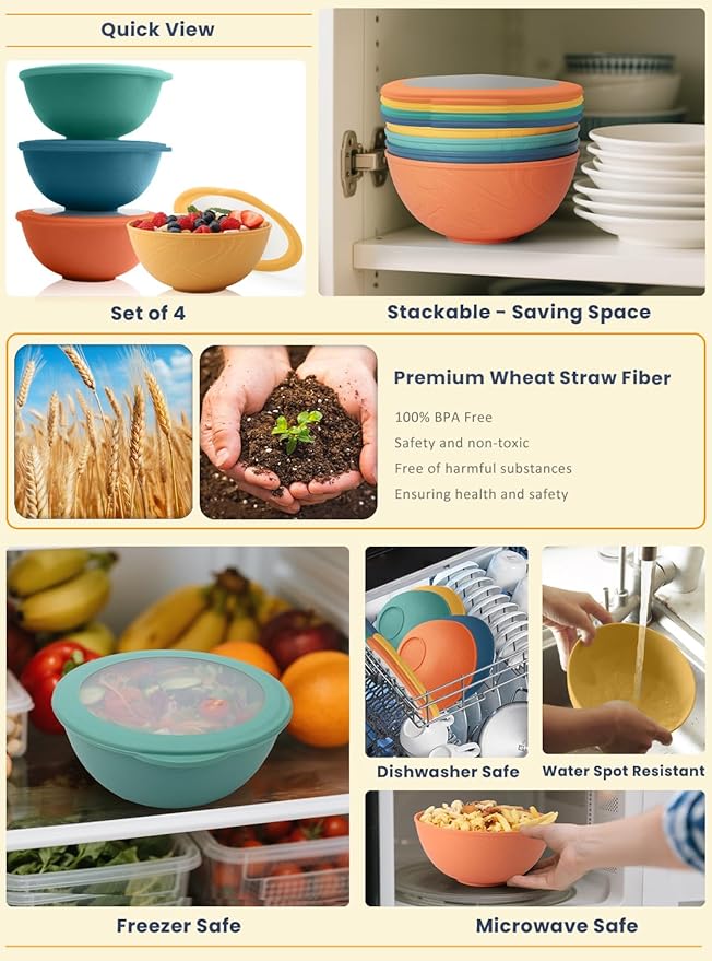 Homienly Wheat Straw Bowls with Lids, 40 OZ Cereal Bowls with Lids, 4 Sets, Alternatives to Plastic Bowl, Salad Container for Lunch, Microwave and Dishwasher Safe Bowl for Kitchen, RV, Camping, Multi