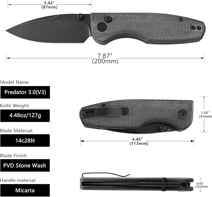 CMB Predator V3 Pocket Folding Knife for EDC with 3.42" Micarta Handle 14C28N Steel Blade Camping Hiking Knife with Pocket Clip for Men Women CMB-19 (CMB-19B)