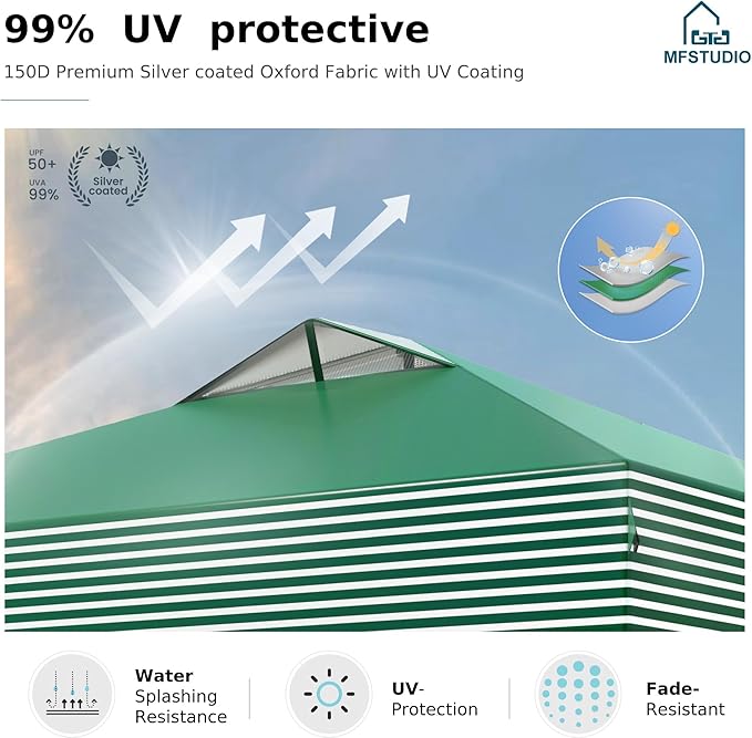 MFSTUDIO 10x10 Pop Up Canopy Tent, Gazebo Shelter Sun Shade Canopies Waterproof Patio Portable Popup Tents for Beach,Parties,Camping,100 Sq,Green Stripe