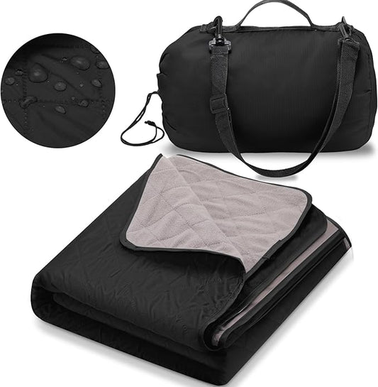 Tranqun 1 Large Outdoor Blanket 78'' x 55'' Quilted Windproof Waterproof Fleece Sandproof Stadium Foldable Warm Blanket for Camping Picnic Sporting Events Cold Weather (Black)