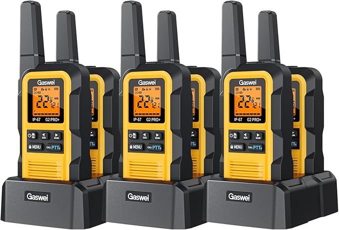 G2pro+ IP67 Waterproof Floating Walkie Talkies Long Range for Adults, Heavy Duty Walkie Talkie with Double PTT,FM Radio,SOS,NOAA Weather,VOX, Two Way Radio Rechargeable Battery(Yellow 6Pack)