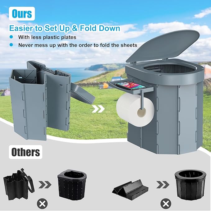 Portable Camping Toilet, Foldable Toilet for Adults with Detachable Phone Shelf and Toilet Paper Holder, Waterproof Porta Potty with Lid for Camping, Hiking, RV Travel, Road Trips