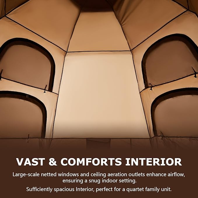 TUKAILAI Instant Camping Tent, Hexagonal Design Automatic Dome Tent with 4 Mesh Windows and 1 Door, Easy Setup Pop Up Tent with Vestibule & Rainfly
