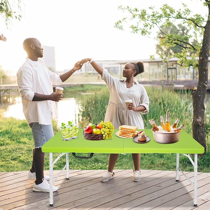4 FT Folding Table with Carry Handle, Portable Fold-in-Half Plastic Table, Rectangle Foldable Table for Indoor/Outdoor Green