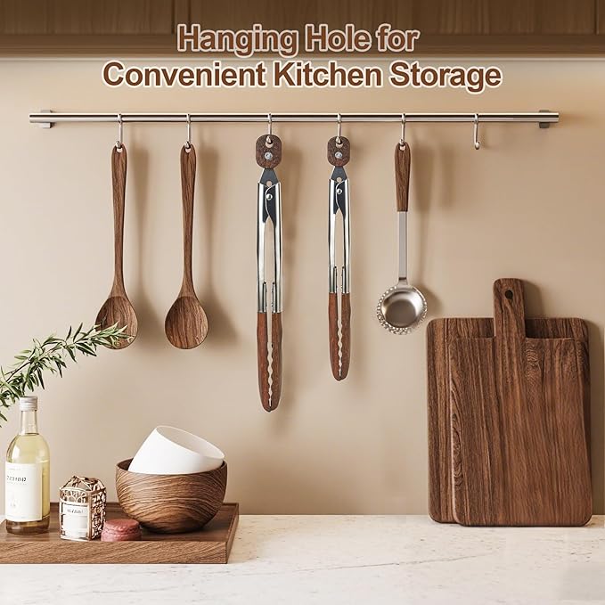Wooden Kitchen Cooking Tongs 2 Pcs Food Tongs with Wood Tip 9 Inch 12 Inch Walnut Wooden Kitchen Tongs for Salad Tossing and Serving Food