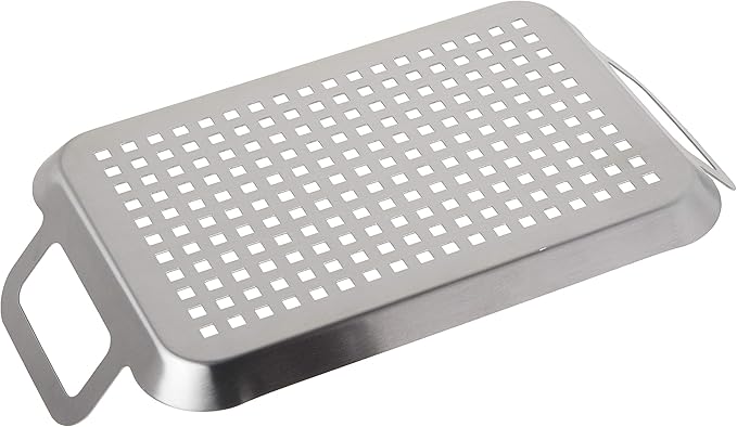 TableCraft BBQ137 Grilling Pan with Handles, Stainless Steel Tray for Outdoor Barbecues, Use on Gas or Charcoal Grills, Even Heat Distribution, 13.5 Inch, Silver