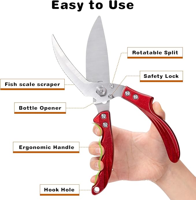 Kitchen Shears Kitchen Scissors for food - Stainless Steel Poultry Shears Heavy Duty for Meat Bones Seafood, All Purpose Food Scissors, Detachable Blades, Ergonomic Handle, Dishwasher Safe, Red