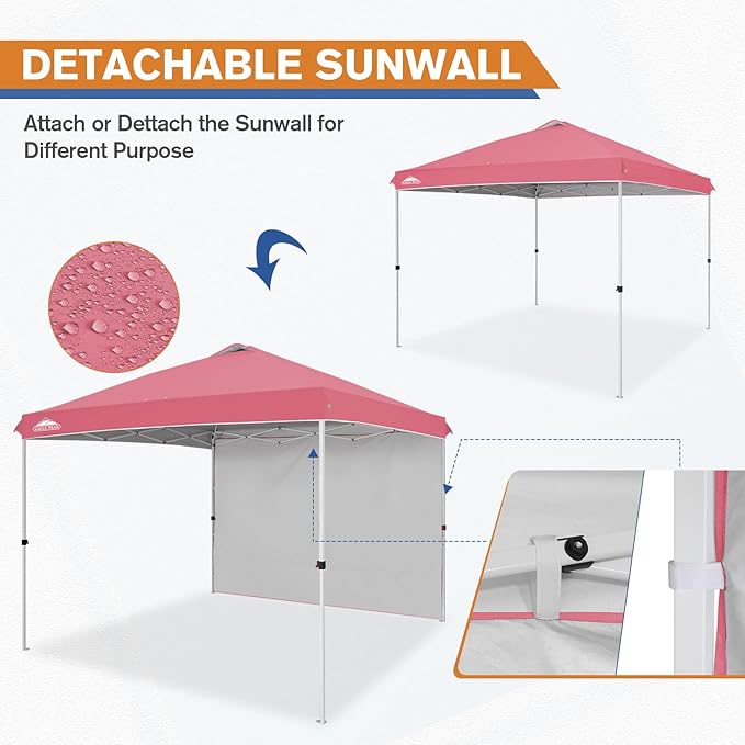 EAGLE PEAK Pop Up Canopy Tent with 1 Sidewall, Easy Setup Event Tent, Outdoor Sun Shade, Wheeled Carry Bag, Stakes and Guy Ropes, Instant Canopy 10x10, Peach Pink
