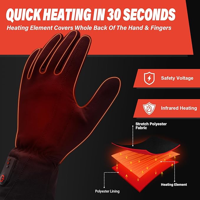 Dr.Warm Heated Glove Liners, Rechargeable Heated Gloves Electric Battery Heating Riding Ski Snowboarding Hiking Cycling Hunting Touchscreen Thin Gloves Hand Warmer