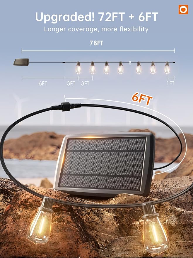 addlon 72FT Solar String Lights Outdoor, Waterproof Solar Powered Outside Lights with Remote & USB Port, ST38 LED Shatterproof Bulbs, Dimmable Solar Light for Camping Backyard Porch