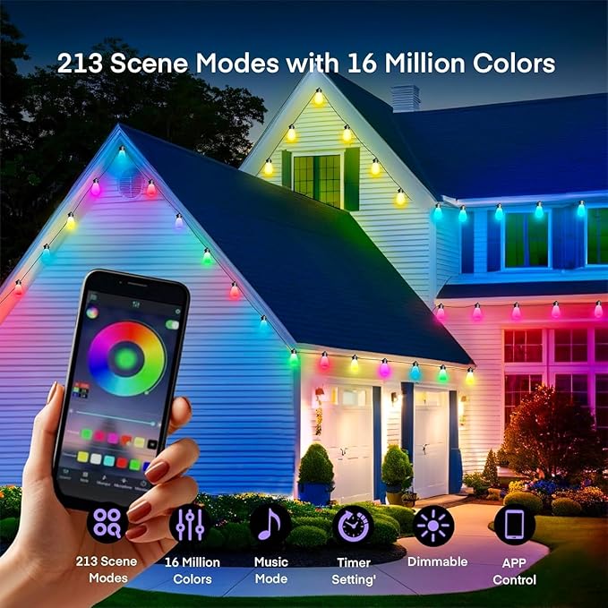 Honche Smart Outdoor String Lights, 36FT Outdoor Lights with 15 Dimmable RGB LED Bulbs, Color Changing 213 Scene Modes for Patio, Backyard, Garden,Balcony, Camping,Waterproof,Remote/APP Control,USB