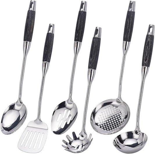 18/10 Stainless Steel Kitchen Utensils Set with Wood Handle - 15” Long Cooking Tools, Metal Spatula Spoons - Serving Solid/Slotted Spoon, Tunner, Skimmer, Soup Ladle, Pasta, Large Spoons Set of 6