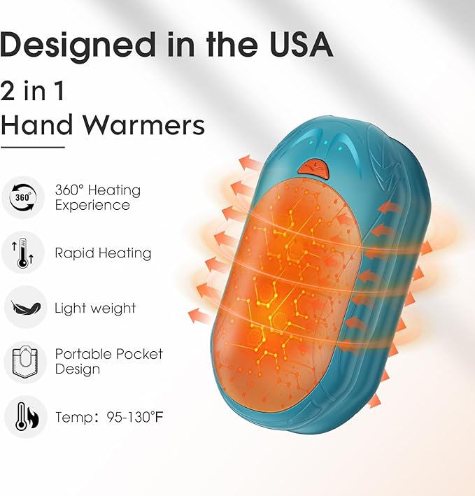 AI Hand Warmers Rechargeable 2 Pack, 6000mAh Electric Hand Warmers, AI Smart Chips 20Hrs Long Safe Heat, Portable Pocket Heater, Gifts for Christmas, Outdoor, Golf, Hunting, Camping Accessories