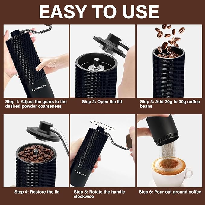 Manual Coffee Grinder with Brush - Stainless Steel Handheld Burr Mill, Adjustable Grind Settings for Espresso, Pour Over, French Press & Cold Brew, Portable Hand Coffee Grinder