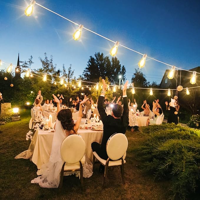 192FT(2x96FT) LED Outdoor String Lights, Linkable Patio Light with 60+3 2700K Waterproof Dimmable Hanging Bulbs for Pergola Cafe Wedding-White