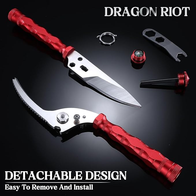 DRAGON RIOT Heavy Duty Kitchen Scissors - Sharp Scissors for Cutting Chicken, Poultry, Turkey, Meat - Stainless Food Kitchen Shears for Professionals - Spring Loaded (Red)