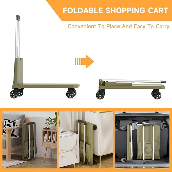 Collapsible Wagon Cart Heavy-Duty 330 lbs Capacity: Foldable Utility Cart with All-Terrain Wheels for Groceries/Beach/Camping, Rolling Crate Hand Truck Dolly with Platform Utility Trolley Cart,Green