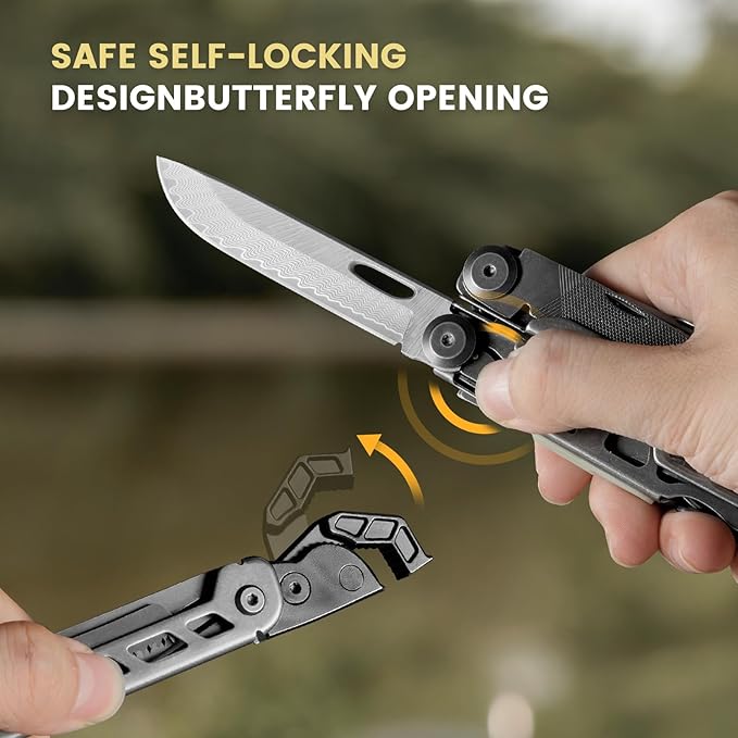 Multitool, 16-in-1 Stainless Steel Multi Tool Pliers with Adjustable Hex Wrench, Damascus Pocket Knife, Nylon Sheath for Survival, Camping and Hunting, Hiking, Simple Repair
