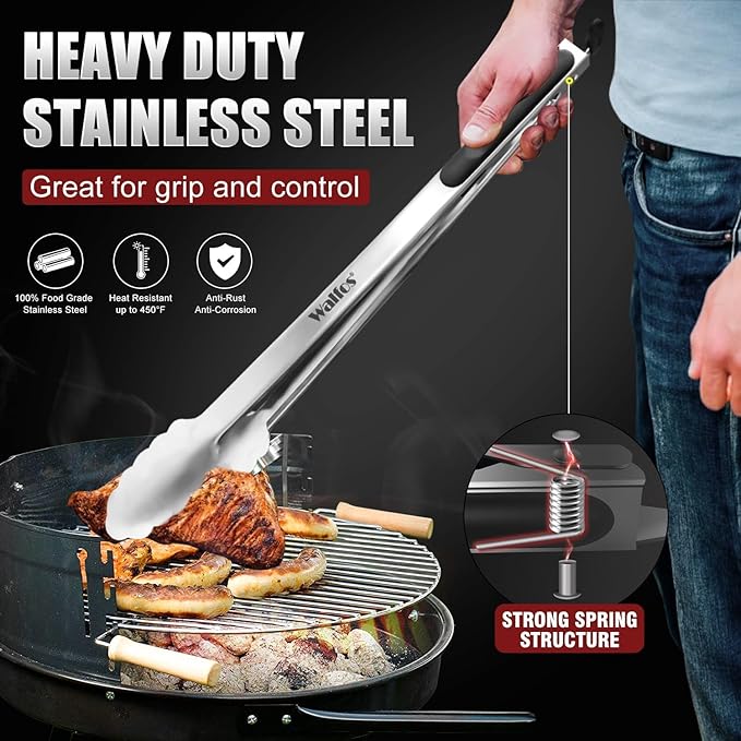 Walfos 17 Inch Extra Long Grill Tongs Set of 2, Ultimate Stainless Steel Tongs for Grilling, Cooking, BBQ/Barbecue, Buffet and Turning Food
