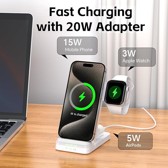 Wireless Charger, Tribone 3 in 1 Foldable Fast Charger for iPhone 16 15 14 13 12 11 Pro Max XR XS 8 Plus,for Multiple Devices,for Apple Watch 10 9 8 7 6 5 4 3 2 SE Ultra,for AirPods Pro 4 3 2 (White)
