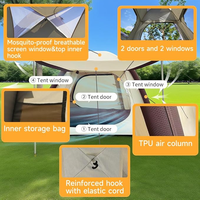 Cow-HQUS Camping Tents 4 Person, Pop Up Tents for Camping, Family Auto-Inflating Instant Pop Up Folding House with Screen Porch, Dome Large Inflatable Tents for Camping/Hiking/Beach(Solar Tent)