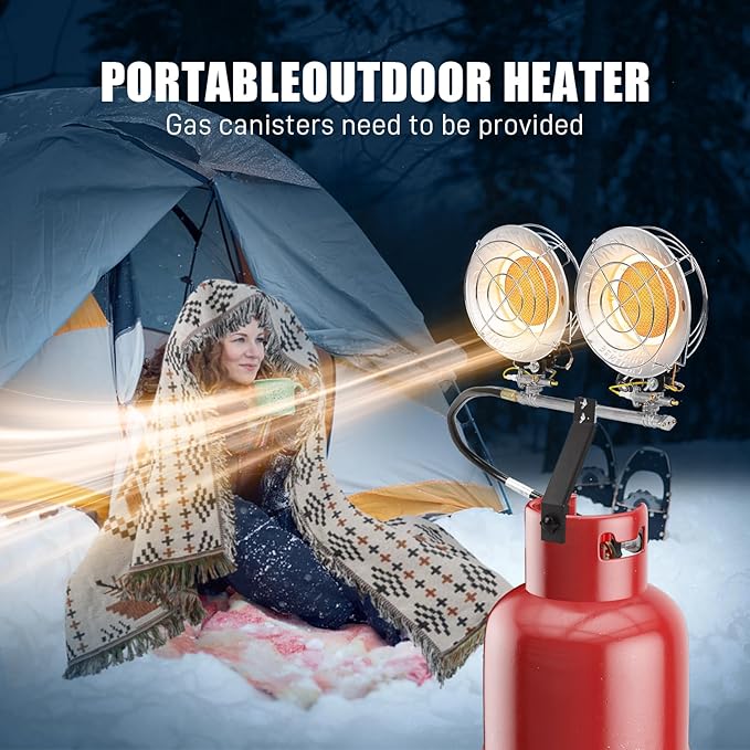 Double Propane Tank Top Heaters, Outdoor Heater Dual Burners with Adjustable Heat Settings & Tip-over Switch, Heater for Outdoor, Camping, Fishing, Hunting 3 Modes with warm Blanket (Large)