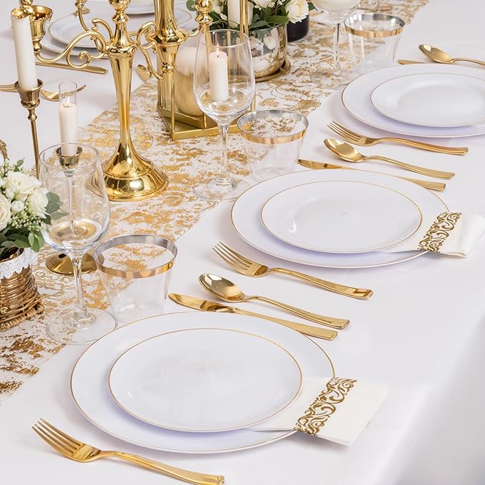 NOCCUR 350PCS Gold Disposable Dinnerware Set for 50 Guests - White and Gold Plastic Plates Include 50 Dinner/Dessert Plates, 150 Silverware and 50 Napkins/Cups Ideal for Fall Party&Thanksgiving