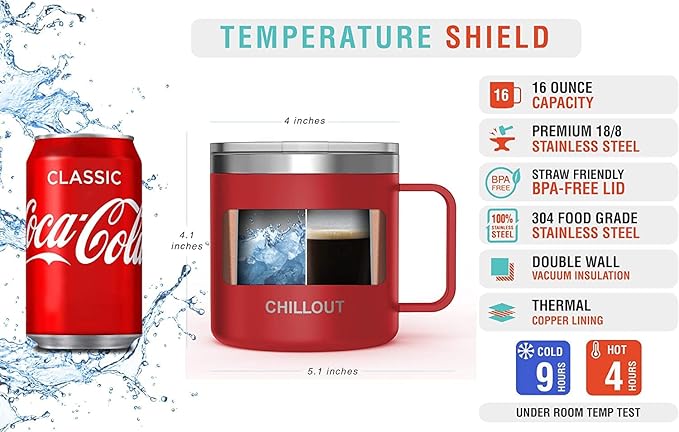 CHILLOUT LIFE Stainless Steel 16 oz Vacuum Insulated Coffee Mug with Handle and Lid, Large Thermal Camping Coffee Mugs with Sliding Lid for Men & Women, Keeps your Beverages Hot/Cold, 2 Pack
