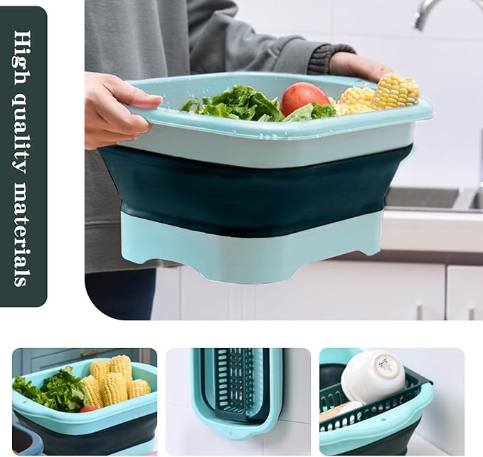Collapsible Dish Basin,11.5L(3 Gallon) Collapsible Dish Tub with Drain Plug,Space Saving Multi-Purpose Vegetable Washing Basket,Portable Sink for Kitchen,RV(Green)