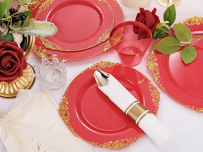 Nervure 175PCS Red Plastic Plates - Disposable Red Gold Party Plates & Pre Rolled Napkins with Cutlery for 25 Guests, 50Plates, 75Silverware, 25Cups, 25Napkin for Wedding & Party & Independence
