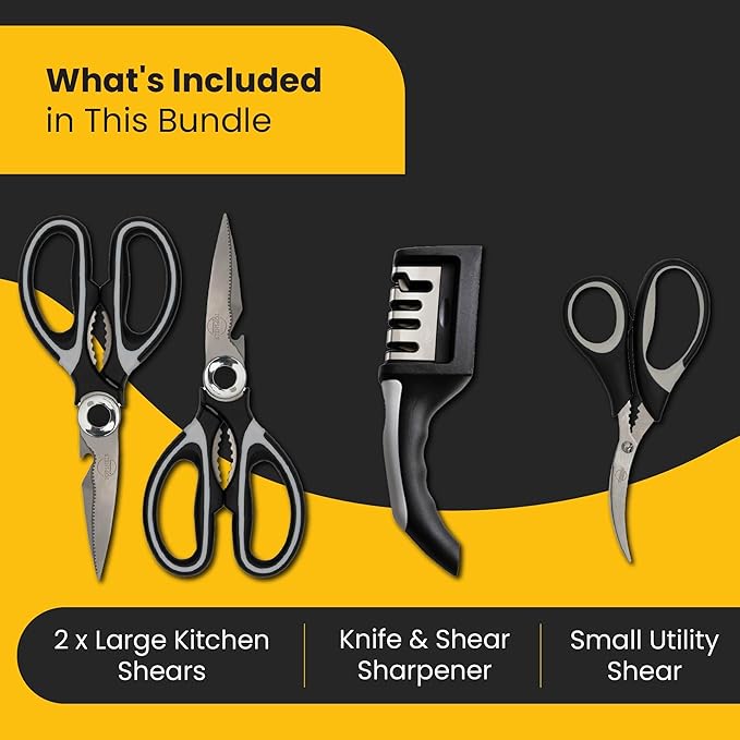 Heavy Duty Kitchen Shears with Knife and Scissor Sharpener Tool - Multipurpose Stainless Steel Scissors for Food - Sharp Food-Grade Kitchen Scissor for Meat, Seafood, Poultry - 4 Piece Set