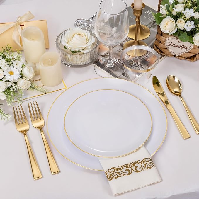 NOCCUR 350PCS Gold Disposable Dinnerware Set for 50 Guests - White and Gold Plastic Plates Include 50 Dinner/Dessert Plates, 150 Silverware and 50 Napkins/Cups Ideal for Fall Party&Thanksgiving
