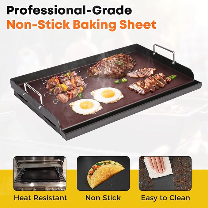 25" x 16" Universal Gas Grill Griddle Plate with Removable Handles,Nonstick Cast Iron Flat Top Cooking Surface,Grease Groove Design for Camping Tailgating Parties on Charcoal/Gas Grills
