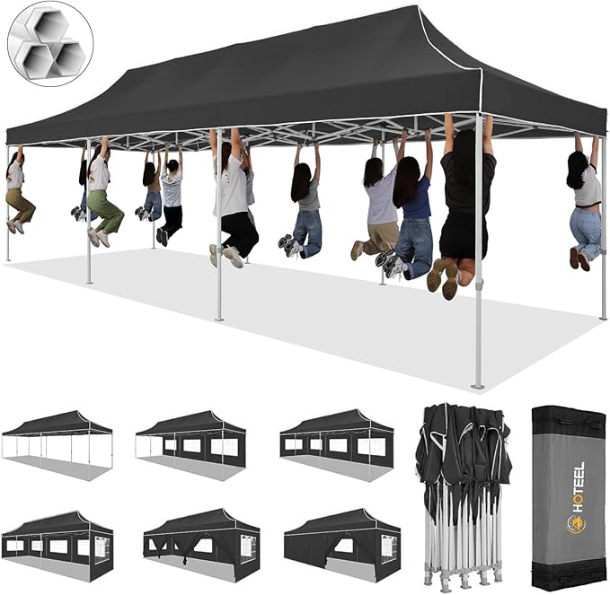 HOTEEL 10x30 Pop up Canopy Tent for Parties, Heavy Duty Easy Setup Tent with 8 Sidewalls, Outdoor Commercial Instant Gazebo for Wedding Event, with Portable Bag & Sand Bags, Black(Hexagonal Frame)