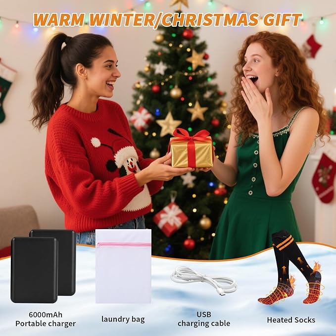 Electric Heated Socks for Men & Women - 6000mAh Rechargeable, Up to70 °C Large Heating Area, 8H Heat, Washable for Skiing, Hunting, Camping