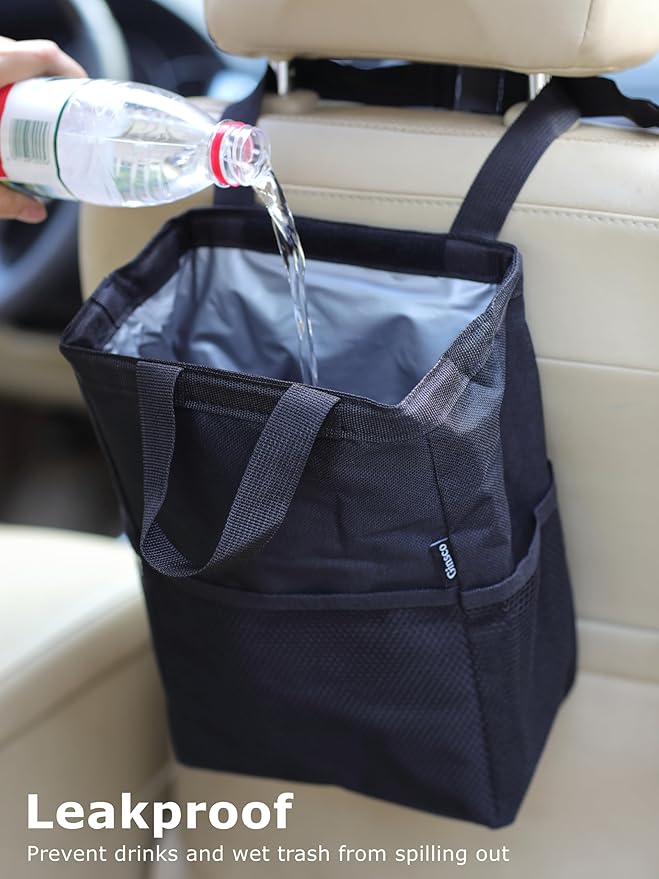 Ginsco New Leak-Proof Travel Trash Bag, Hanging Car Trash Can with Hook and Loop Lid and Handle, Multipurpose Trash Bin with Storage Pockets for Car SUV Truck RV Camping 2 Gallons, Black
